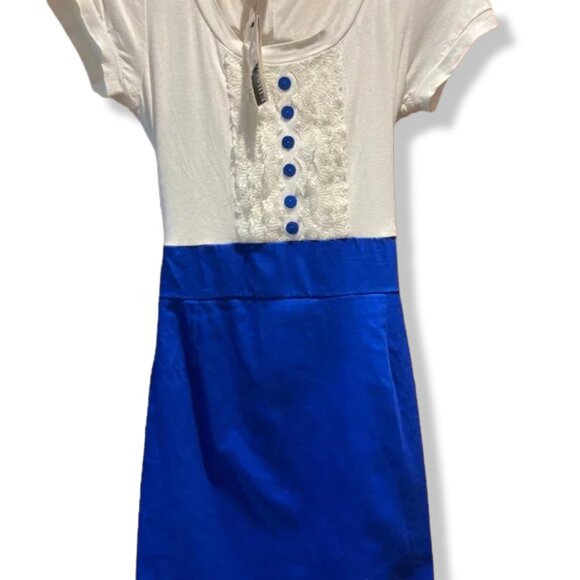 NWT Brand Ellison Blue & White Short Sleeve Dress W/Tie Back Size Small - Picture 1 of 5